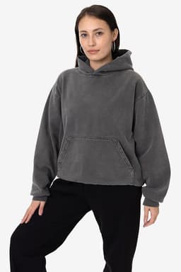 A heavy fleece hooded pullover in a grey colour, featuring a front pocket and relaxed fit. It has a logo present.