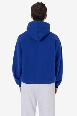 A blue hooded pullover made of heavy fleece, featuring a logo, viewed from the back.