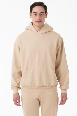 A beige heavy fleece hooded pullover displayed on a model, featuring a front pocket and a logo.