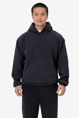 A heavy fleece hooded pullover in black, featuring a kangaroo pocket and a relaxed fit.