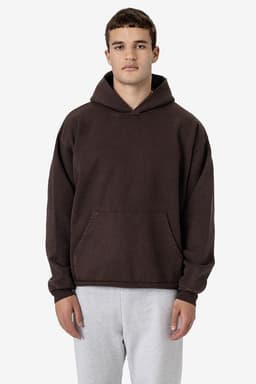 A heavy fleece hooded pullover in dark brown, featuring a large front pocket and a hood.