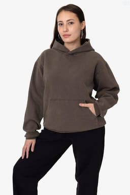 A brown heavy fleece hooded pullover displayed on a model, featuring a front pocket and a relaxed fit.
