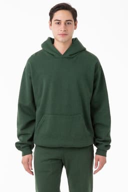 A green garment dye heavy fleece hooded pullover with a front pocket and a relaxed fit.