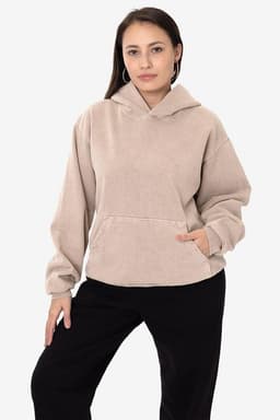 A heavy fleece hooded pullover in beige, featuring a front pocket and a relaxed fit. Includes a logo.