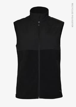 A sleeveless unisex vest in black, featuring a zip front and made from recycled polyester. Includes a logo.