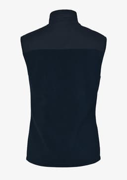 A dark navy unisex vest with a high collar and a smooth upper panel. It features a logo on the back.