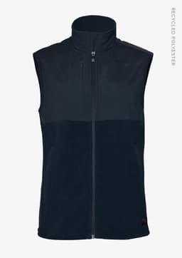 A dark navy unisex vest with a high collar and zippered front, featuring a logo on the lower hem.