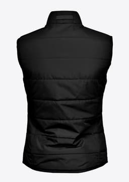 A black women's vest with a puffy texture and a high collar, featuring a simplistic design and no sleeves.