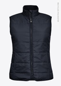 A navy women's vest with a zip front, featuring a quilted design and a high collar. It includes a logo.