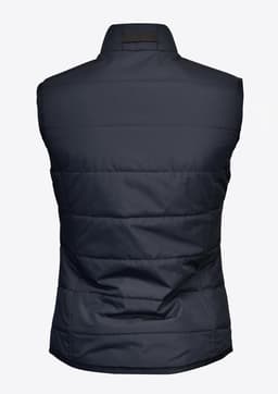 A navy women's vest with a padded design and a collar, featuring a logo on the back.