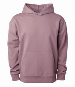 Avenue Pullover Hood in a muted mauve colour, featuring a hood and front pocket, with a logo on the side.