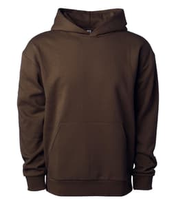 A brown pullover hooded sweatshirt with a front pocket and a hood. It features a logo or branding.