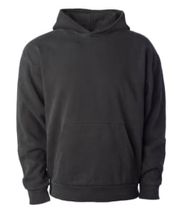 A black pullover hooded sweatshirt with a front pouch pocket and long sleeves. It has a logo on it.