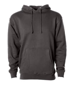 A heavyweight pullover hood in grey, featuring a drawstring hood and a front pocket. It has a logo on the sleeve.