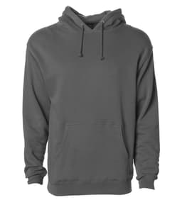 A grey heavyweight pullover hood with a front pocket and a drawstring hood. It features a logo.