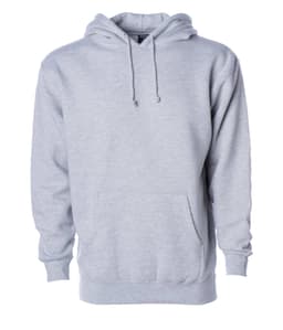 A grey heavyweight pullover hood with a front pocket and drawstring hood, featuring a logo.