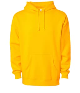 A bright yellow heavyweight pullover hoodie with a front pocket and a hood. It features a logo.