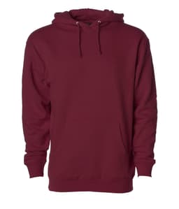 A maroon heavyweight pullover hood with a kangaroo pocket and adjustable drawstring hood. It features a logo.