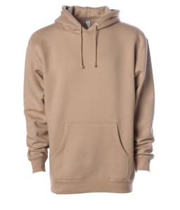A heavyweight pullover hood in a tan colour, featuring a pouch pocket and a hood with drawstrings. It has a logo.