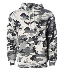 A heavyweight pullover hood in a grey and white camouflage pattern, featuring a front pouch pocket and a hood.