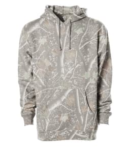 A lightweight pullover hood in a camo pattern featuring shades of grey and earthy tones, with a front pocket and logo.