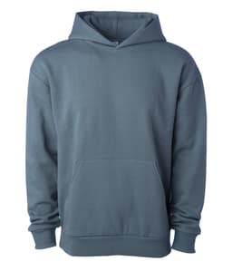 A pullover hood in a muted teal colour with a front pocket and a hood. It features a logo on the design.