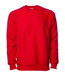 A red heavyweight crew sweatshirt with long sleeves. It features a simple design and has a logo on it.