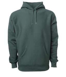 A heavyweight hooded sweatshirt in a deep green colour, featuring a front pocket and drawstring hood.