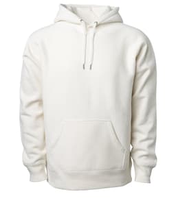 A heavyweight hoodie in cream colour featuring a front pocket and a drawstring hood. It includes a logo on the design.