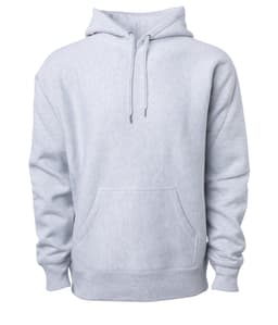 A heavyweight hoodie in light grey with a front pocket and adjustable drawstring hood, featuring a logo.