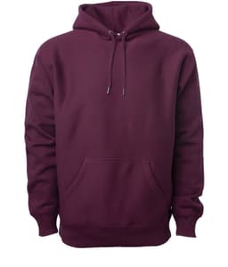 A heavyweight hooded sweatshirt in burgundy with a front pocket and a drawstring hood. It has a logo on the chest.