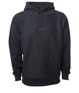 A heavyweight hooded sweatshirt in black, featuring a front pocket and drawstring hood. The product has a logo.