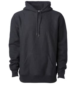 A heavyweight hooded sweatshirt in dark grey with a front pocket and drawstring hood, featuring a logo.