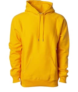 A bright yellow heavyweight hooded sweatshirt with a front pocket and drawstring hood. Features a logo.
