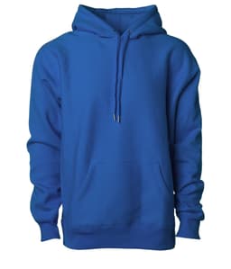 A blue heavyweight hoodie with a front pocket and drawstring hood. It features a logo on the front.