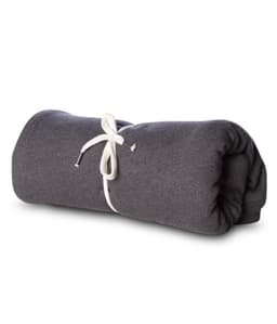 A rolled grey stadium blanket secured with a white tie, featuring a soft texture and compact design.