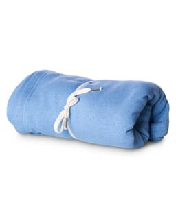 A rolled blue stadium blanket secured with a white cord, featuring a soft, textured fabric.