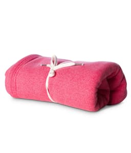 A rolled pink stadium blanket tied with a white string, featuring a smooth texture and subtle design.