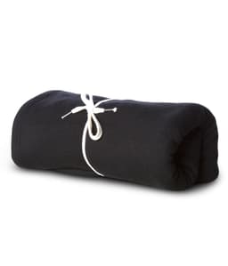 A rolled black stadium blanket tied with a white string, featuring a logo on the fabric.