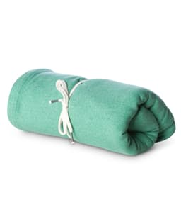 A rolled green stadium blanket secured with a white cord, featuring a smooth texture and a simple design.