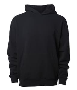 A black heavyweight modal hooded sweatshirt with a front pocket and a relaxed fit. It features a branding logo.