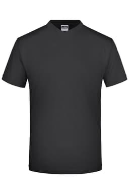 A black V-neck t-shirt featuring short sleeves and a subtle logo.