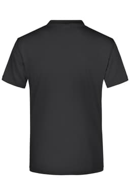 A black short-sleeved t-shirt with a plain back and a logo on the neckline.