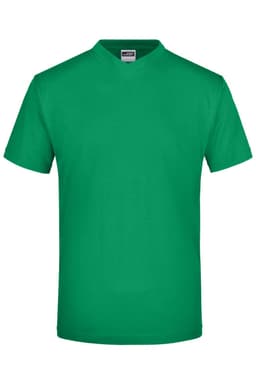 A green V-neck T-shirt with short sleeves and a plain design. It features a branding logo at the neck area.