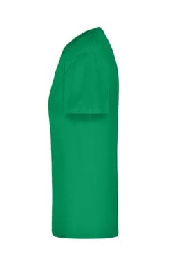 A green t-shirt displayed from the side, featuring a simple design and a logo on the fabric.
