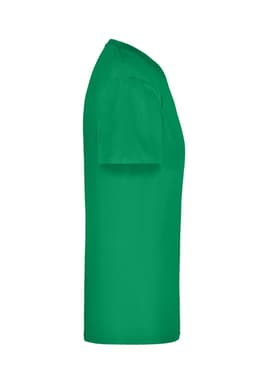 A green t-shirt with short sleeves and a simple design, featuring a logo on the fabric.