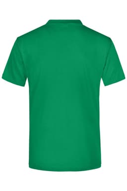 A green t-shirt with short sleeves and a simple design, featuring a logo on the back.