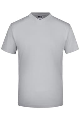 A light grey V-neck T-shirt with short sleeves and a simple design. It features a logo on the label.