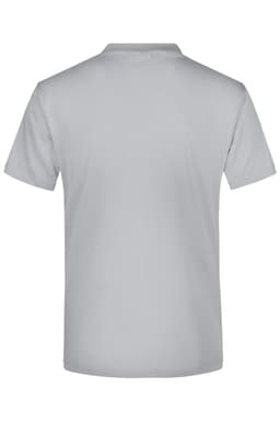 A grey t-shirt with a standard crew neckline and short sleeves. The back view is displayed. It features a logo.
