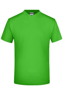 A vibrant green V-neck T-shirt made from a soft fabric, featuring short sleeves and a simple design.